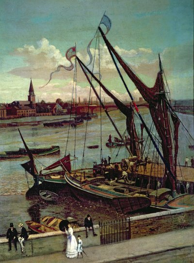 Unloading the Barge, Lindsay Jetty and Battersea Church, c.1860 by Walter Greaves